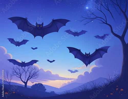 Bats flying over a twilight landscape