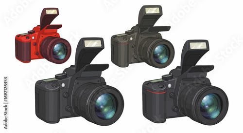 A collection of four digital SLR cameras, featuring a red camera and three black variations, each equipped with a pop-up flash.