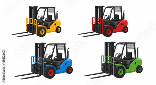 Four different colored forklifts, each with a unique paint job, ready for industrial use.