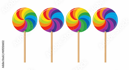 Four rainbow swirl lollipops on sticks.