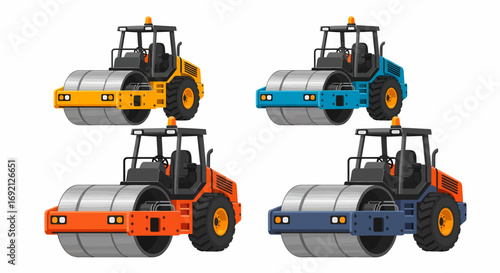 Four colorful road rollers, also known as compactors, used in construction and road building, isolated on a white background.