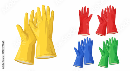 A collection of colorful rubber gloves in yellow, red, blue, and green for household cleaning and protection.