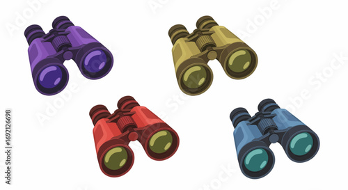 Illustration of four pairs of binoculars in different colors, isolated on a white background.
