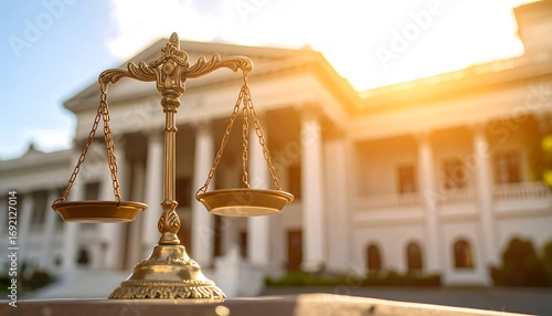 Ornate golden scales of justice in front of a grand building