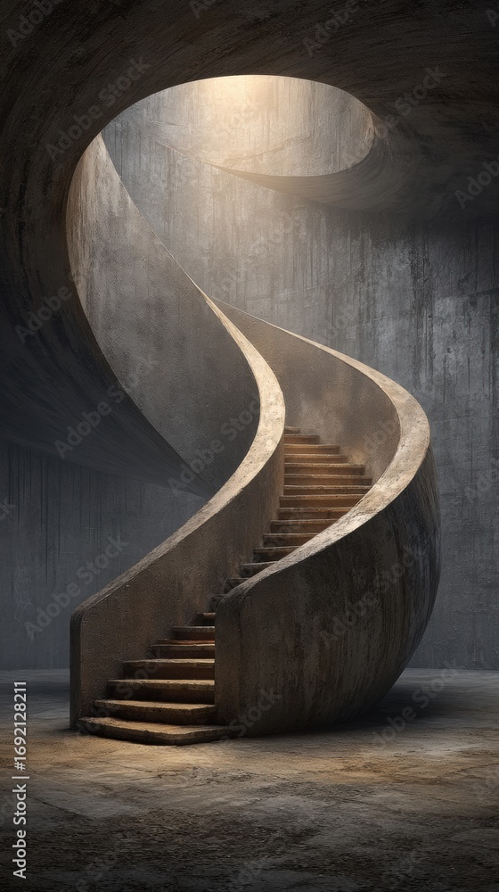 Naklejka premium Dramatic spiral staircase in industrial setting