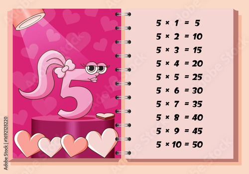 Educational multiplication table of 5 for children. Funny number five character standing on a podium. Colorful math worksheet for kids learning multiplication