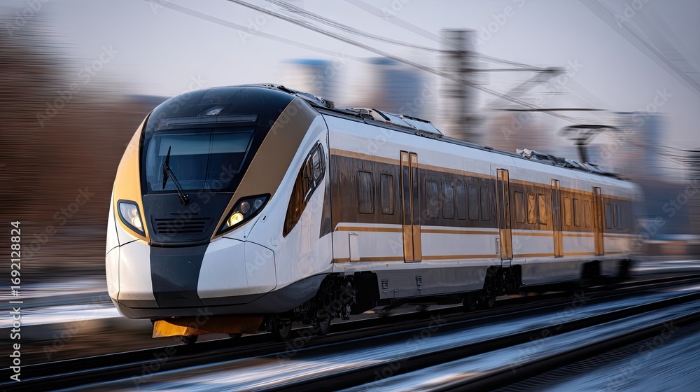 Naklejka premium High-speed train traveling through a snowy landscape in an urban setting during early morning hours