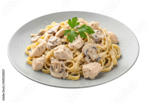 Creamy chicken and mushroom pasta dish isolated isolated on transparent background