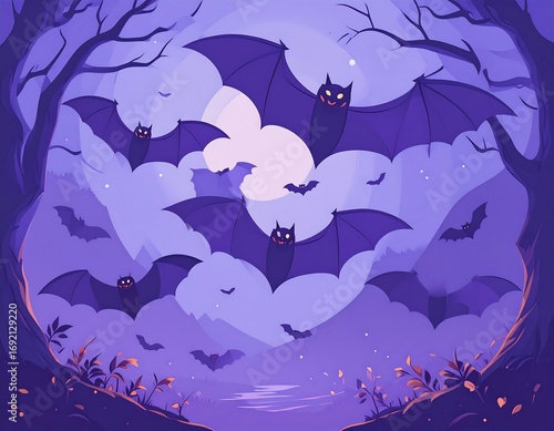 Bats in a mystical, twilight forest