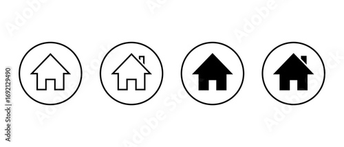 Home icon set in circular outline. House symbol for homepage and navigation