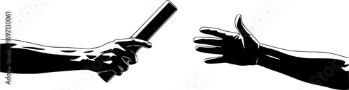 two hands passing a baton, silhouette, white background