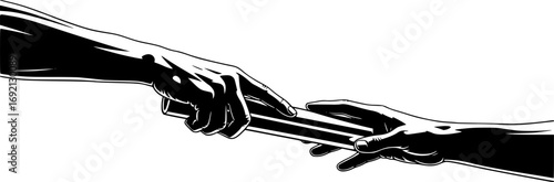 two hands passing a baton, silhouette, white background