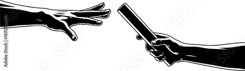 two hands passing a baton, silhouette, white background