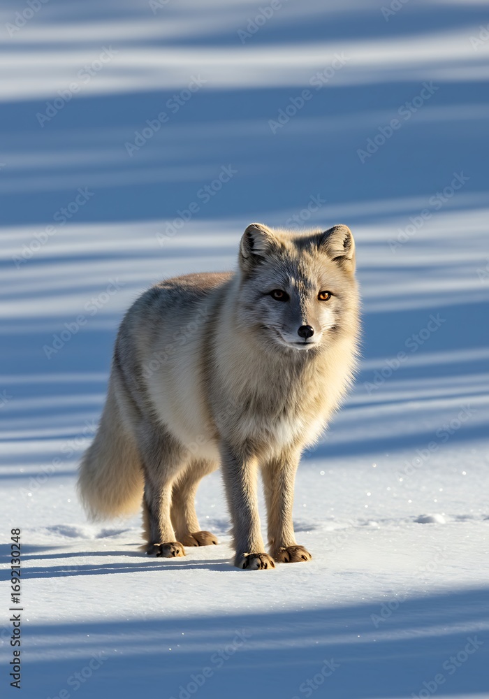 Obraz premium Arctic fox standing on snow-covered ground in bright sunlight 