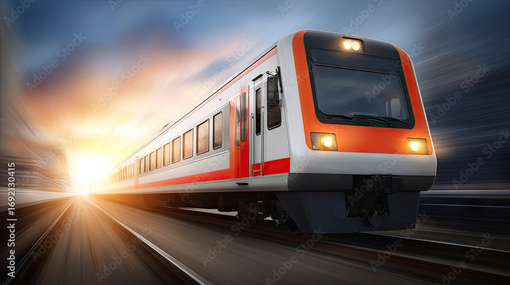 Naklejka premium Train arriving at a modern station during the day with clear skies and fluffy clouds in the background
