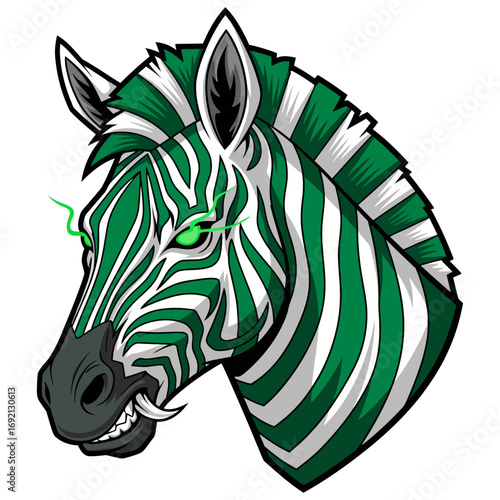 Fierce African Zebra Head Mascot with Green Stripes