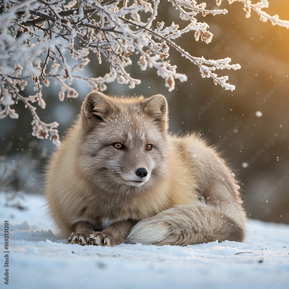 Obraz premium Arctic fox resting in snow while snowflakes fall around 