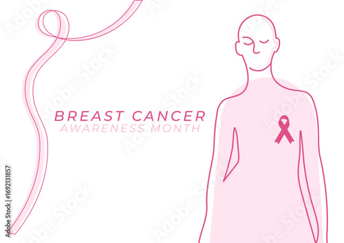 Breast cancer woman with pink ribbon for breast cancer awareness month. Survivor, cure, early detection, prevention, full recovery, care, help concept. Poster, social media post, banner. Vector.