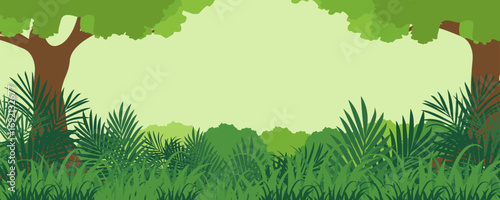 Jungle forest landscape with trees and green plants. Tropical leaf and flower frame. Cartoon style.trees. Beautiful nature landscape concept for banner, camping, magical forest. Summer or spring scene