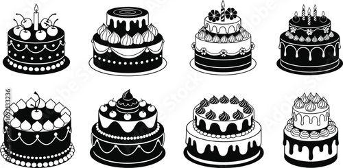 Delicious variety of birthday cakes with candles, cherries, frosting decorations, layered designs, celebration desserts, festive sweet treats, party food illustration.