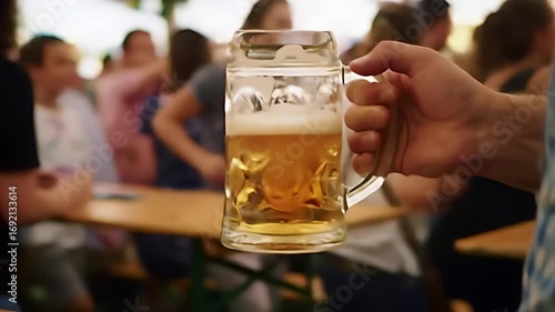 Cinematic tracking shot follows a steaming stein of beer from bustling tap station through a chaotic tent to its final resting place on a rustic wooden table.