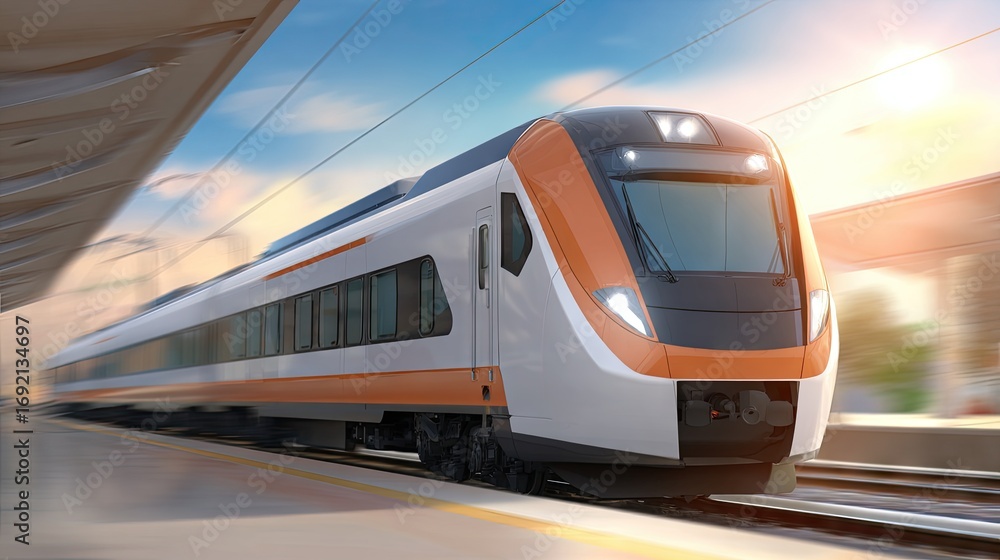Fototapeta premium Red subway train approaching platform in urban station during cloudy day with large windows showcasing city view