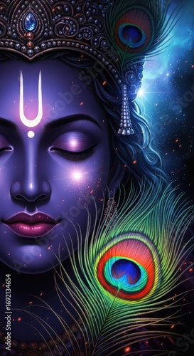 Wallpaper Mural Divine Krishna with Peacock Feather and Cosmic Background Torontodigital.ca