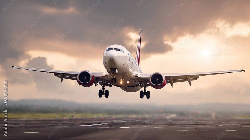 Obraz premium Airplane landing at sunset over an open field with a vibrant sky showcasing hues of orange and purple