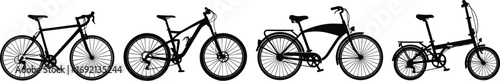 Different types of bicycles silhouette set, road bike, mountain bike, cruiser, folding bike, urban cycling, eco transport, vector illustration.