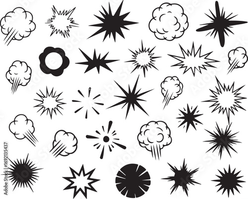 Comic Explosion Vector Set with Starburst and Cloud Puff Silhouettes
