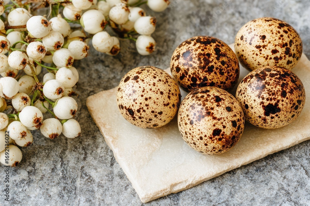 Fototapeta premium Quail eggs on a stone plate, with white berries