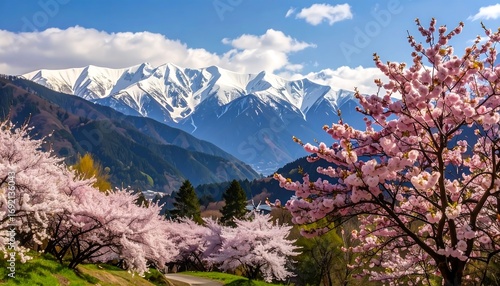 Spring blossoms meet snow-capped peaks