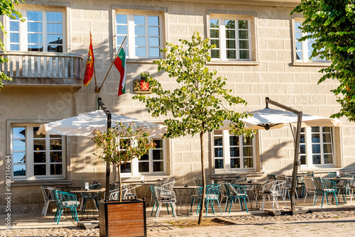 Restaurant coffee shop cafe open air terrace, cityscape Cetinje city Montenegro