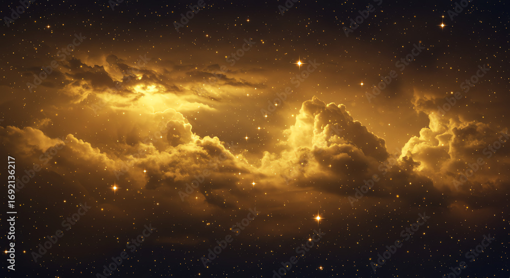 Naklejka premium Golden clouds and stars night sky