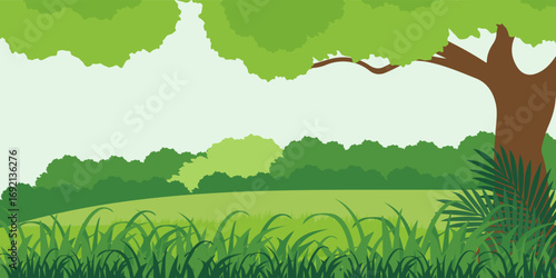 Jungle forest landscape with trees and green plants. Tropical leaf and flower frame. Cartoon style.trees. Beautiful nature landscape concept for banner, camping, magical forest. Summer or spring scene