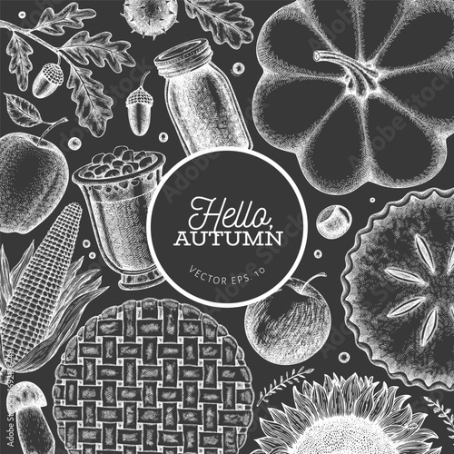 Hand Drawn Vector Autumn Illustration. Not AI Generated. Thanksgiving Chalk Board Background. Fall Season Cozy Mood Banner. Vintage Design Template.