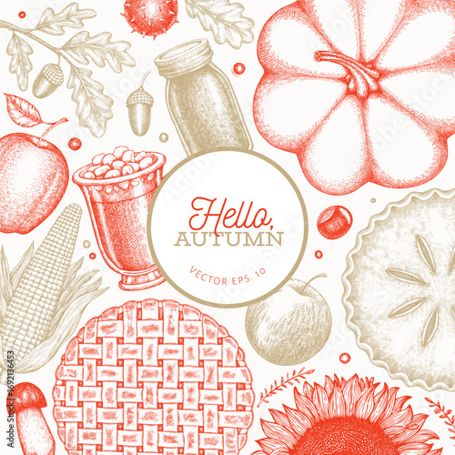 Hand Drawn Vector Autumn Illustration. Not AI Generated. Thanksgiving Background. Fall Season Cozy Mood Banner. Vintage Design Template.