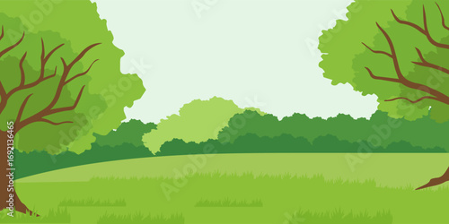 Jungle forest landscape with trees and green plants. Tropical leaf and flower frame. Cartoon style.trees. Beautiful nature landscape concept for banner, camping, magical forest. Summer or spring scene