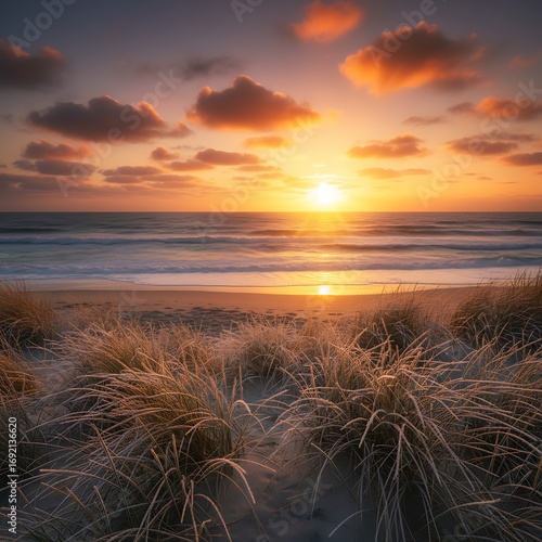 Golden sunset over the ocean with dramatic clouds and coastal grasses in the foreground creating a serene and beautiful natural landscape