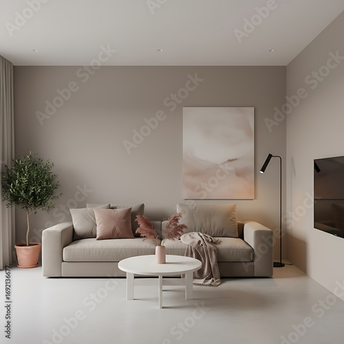 Modern neutral toned living room with a comfortable sofa abstract art and a potted plant creating a serene atmosphere