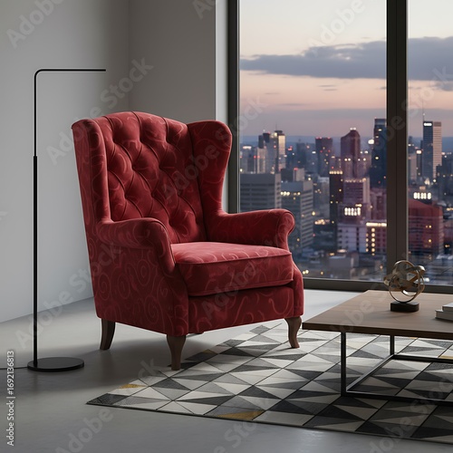 Luxurious tufted red wingback armchair in a modern living room with a city skyline view at dusk
