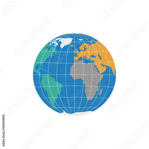 Stylized Globe Illustration with Grid Lines and Continent Colors