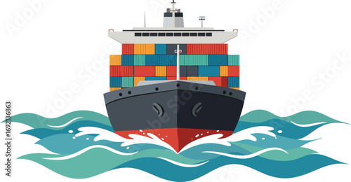 Illustration of a cargo container ship with sea waves, isolated on white background