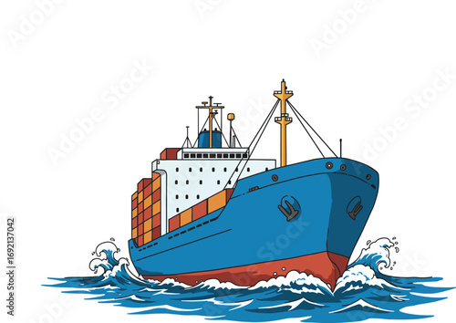 Illustration of a cargo container ship with sea waves, isolated on white background