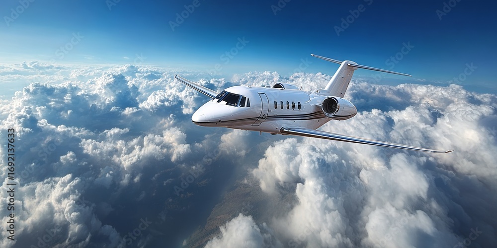 Fototapeta premium Luxury private executive jet flying high above a beautiful sea of clouds during an exciting journey