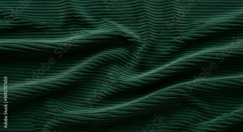 Dark forest green corduroy fabric with ribbed ridges and folds, macro full frame textile photography for premium stock textures