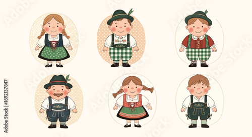 Six illustrations of children in traditional Bavarian clothing.
