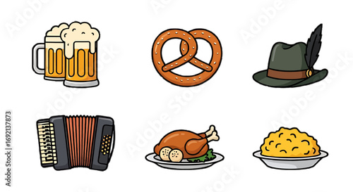 A collection of six cartoon-style icons representing Oktoberfest or Bavarian culture, including beer mugs, a pretzel, a hat, an accordion, and food.