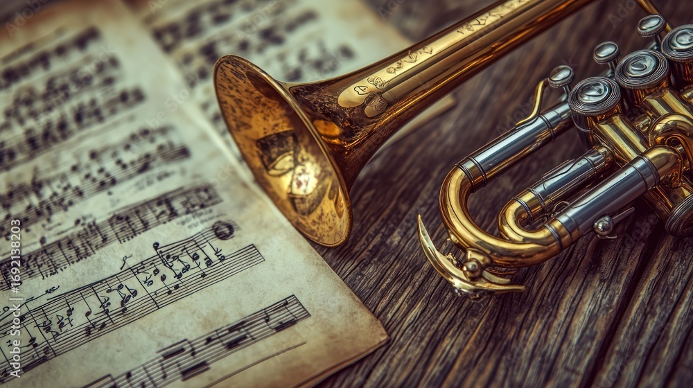 Naklejka premium Vintage trumpet rests on aged sheet music