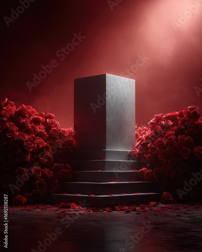 concrete podium surrounded by red roses on a red foggy background